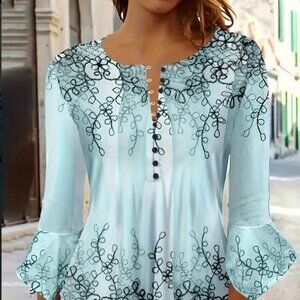 NWOT Floral Ruffle Trim Button Blouse - Casual Half Sleeve Top, Size Large